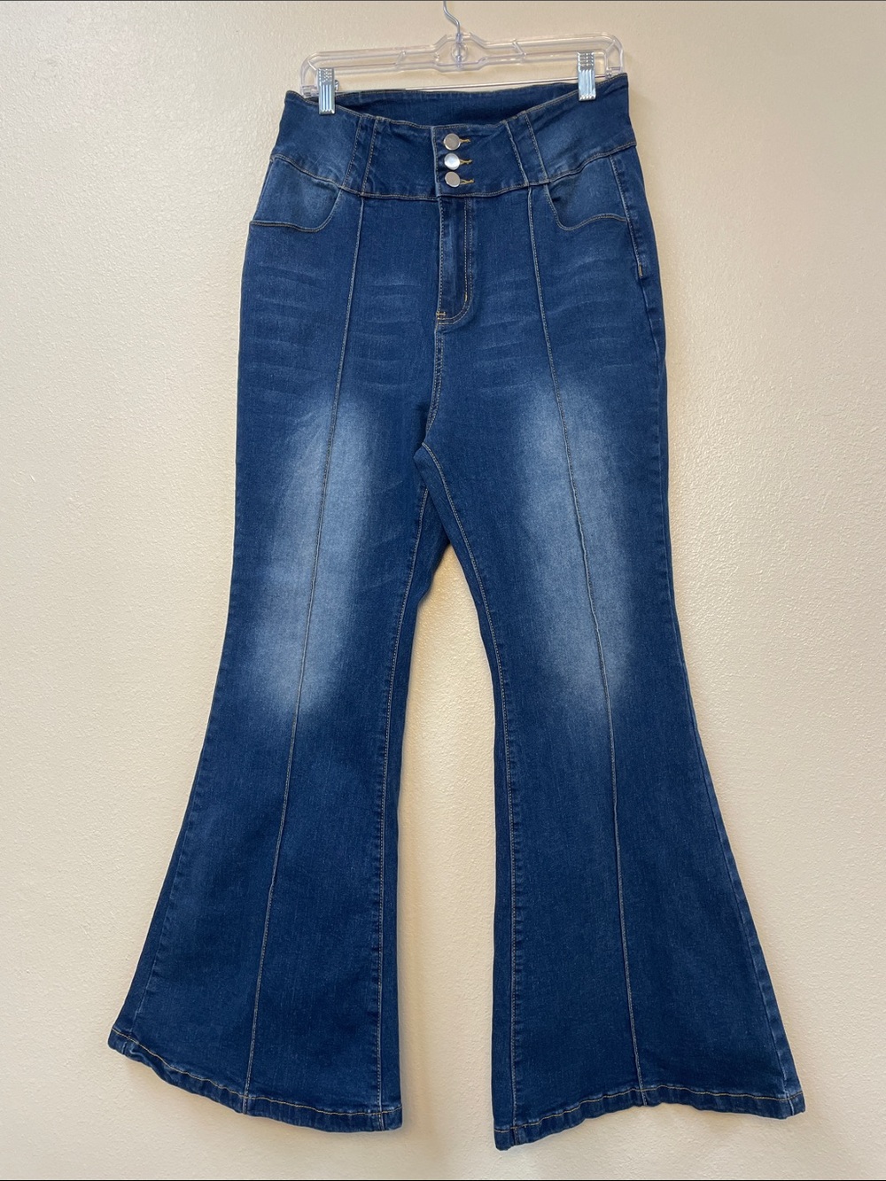 Retro Hippie High waisted stretchy bell bottom denim blue jeans women’s XL Sz 14